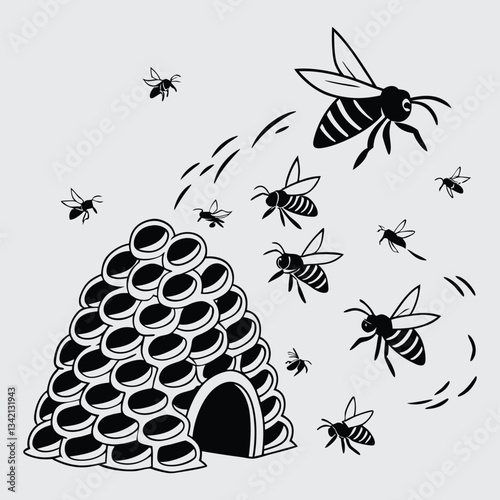 Bees swarming around their hive image silhouette design vector art and illustration