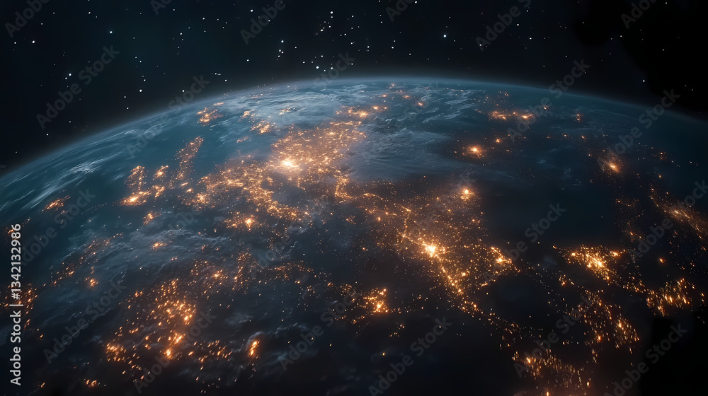 A digital representation of earth connected by a network of lights, symbolizing global connectivity. Earthbound Network. Illustration A digital representation of earth connected by a network of lights, symbolizing global connectivity. Earthbound Network. Illustration
