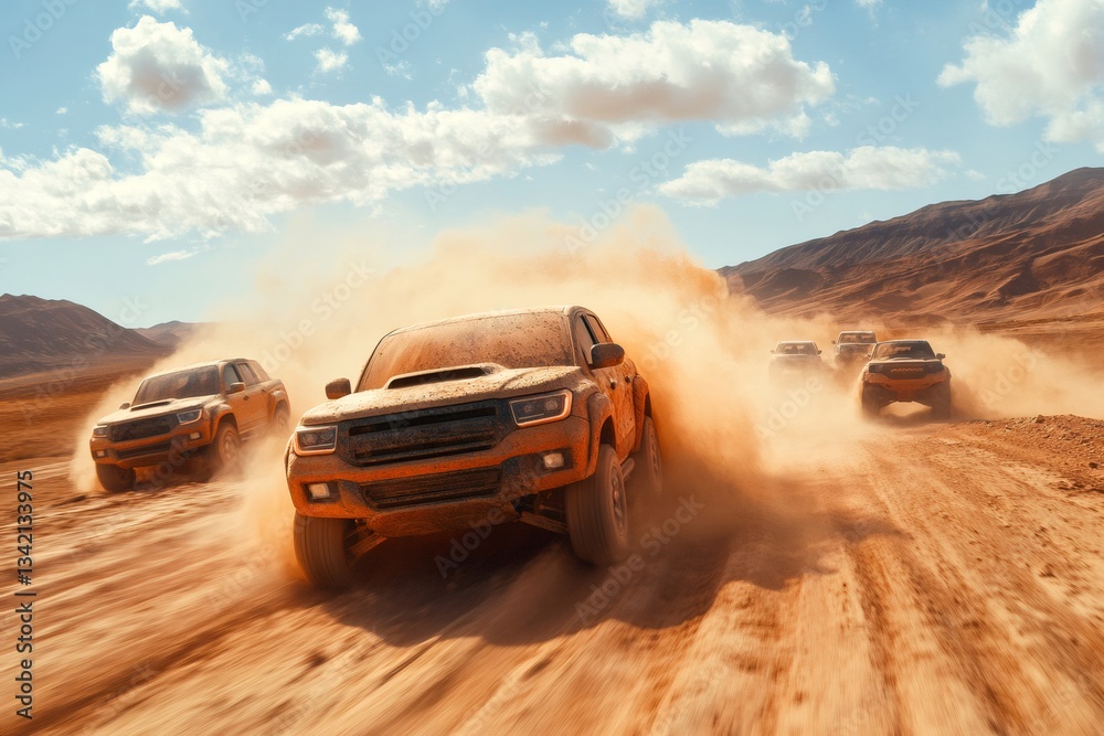 Obraz premium Off road vehicles racing through desert landscape, raising dust clouds