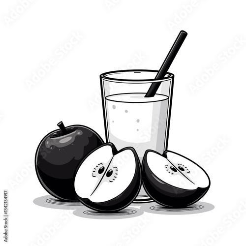 Healthy snack drink with black apples and milk, nutritious concept