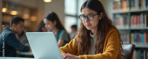 Young asian student learning on laptop in quiet library. Focused woman using tech for education, academic research. University cognition, e-learning, concentration. Scholarship, dedication, higher