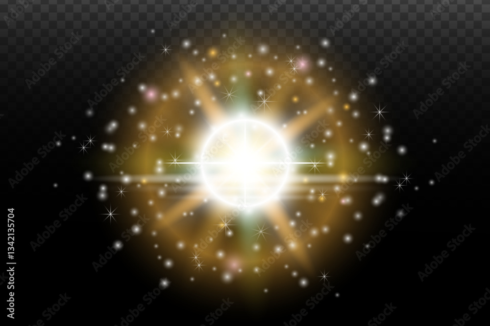 Fototapeta premium Light flash effect with flares and glow on a transparent background. Magical glow, shining light, star, optical flares for design, photomontage, New Year, and festive projects.