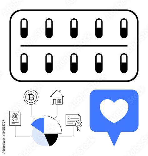 Capsule pills in blister pack, pie chart with finance icons for property and cryptocurrency, and heart-shaped speech bubble. Ideal for healthcare, finance, technology, investment, property, love