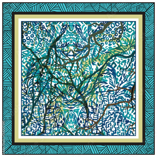 Abstract design intricate patterns of teal, green, and black in a, layered composition reminiscent of tropical foliage, It could be used as a wallpaper, fabric design, or other decorative elements