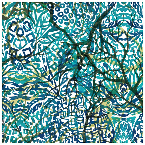 Abstract design intricate patterns of teal, green, and black in a, layered composition reminiscent of tropical foliage, It could be used as a wallpaper, fabric design, or other decorative elements.