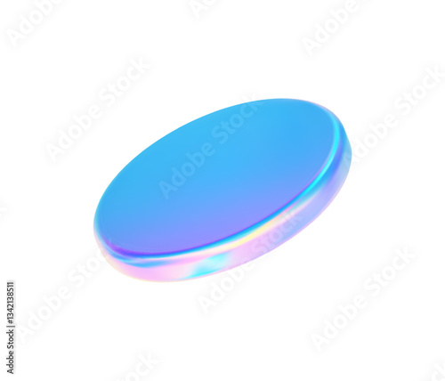 3d glass disk shape hologram effect. Render abstract neon gradient pink blue coin. Fly podium, disc, badge, coin, lens, plate crystal texture isolation. Y2k hologram shape. Vector trendy illustration
