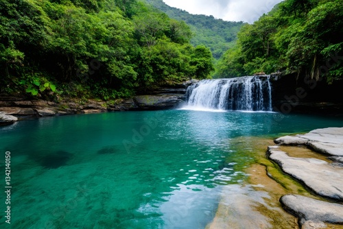 Turquoise waterfall cascading into tranquil jungle pool