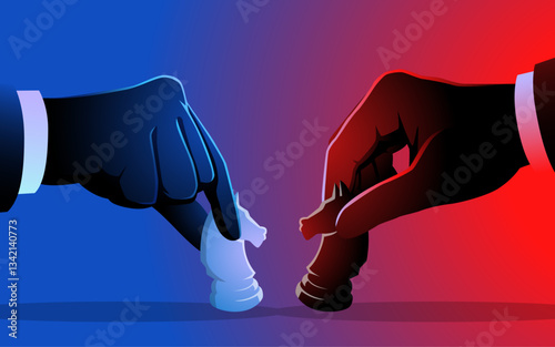 Illustrating the art of strategy, this image features two hands moving knight chess pieces, symbolizing competitive decision-making in business