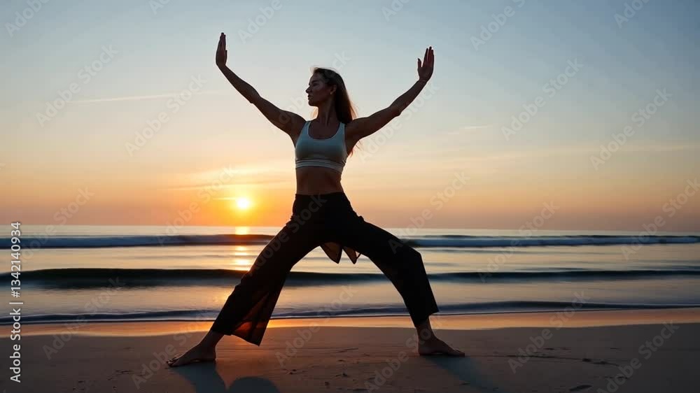 serene morning beach tai chi practice mindful movement with sunrise background for inner peace , balance