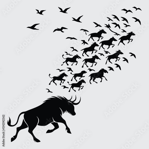 A stampede of wildebeests image silhouette design vector art and illustration
