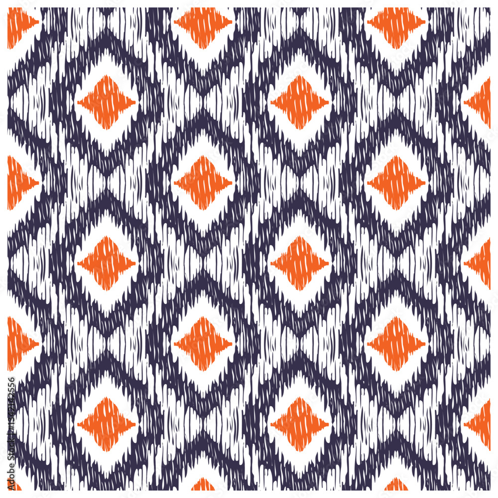 A vibrant repeating pattern of navy and orange diamond shapes on a white background, featuring textured, brush stroke like details on white background, it could be used as fabric, textile design. A vibrant repeating pattern of navy and orange diamond shapes on a white background, featuring textured, brush stroke like details on white background, it could be used as fabric, textile design.