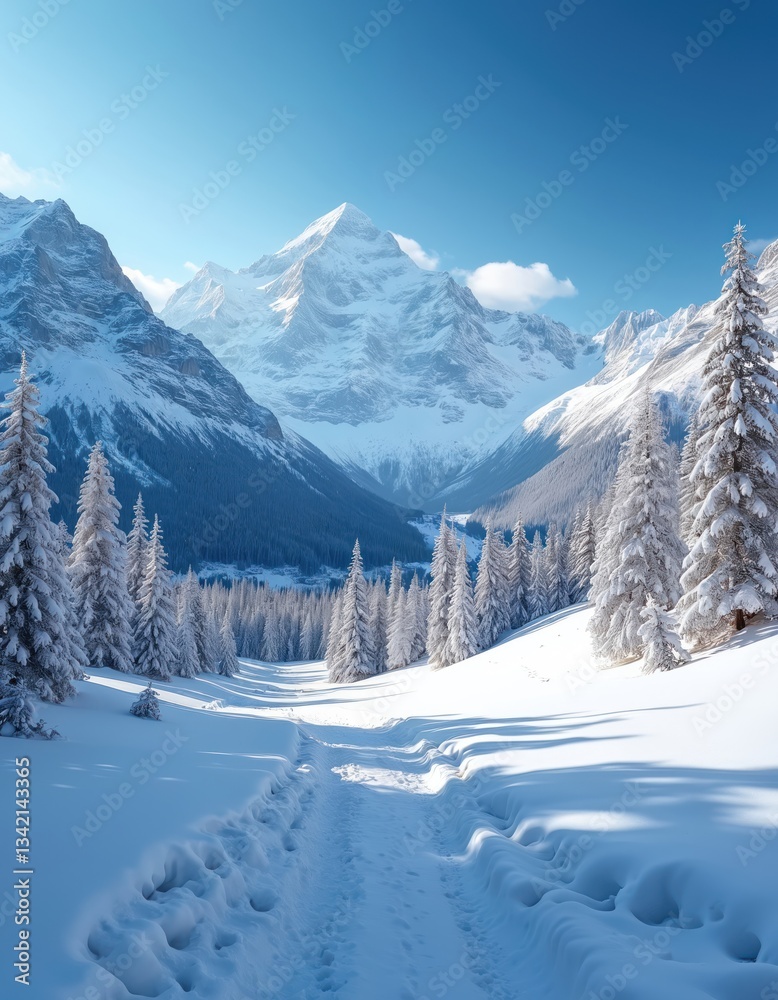 Fototapeta premium Breathtaking view of snow-capped mountains, winter wonderland. Snowy path leads to forest of spruces covered with white frost. Sunny serene nature scenery on vacation, travel in Alps.