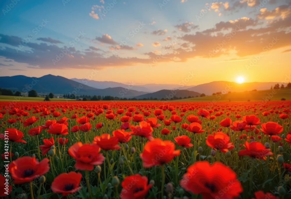 Vibrant Poppy Field at Sunset with Mountains in the Distance Vibrant Poppy Field at Sunset with Mountains in the Distance