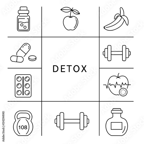 Outline detox lifestyle icons including supplements, fruits, and fitness equipment in a grid layout 