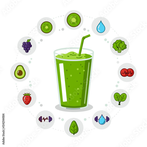 Green smoothie surrounded by healthy ingredient icons including fruits and vegetables 