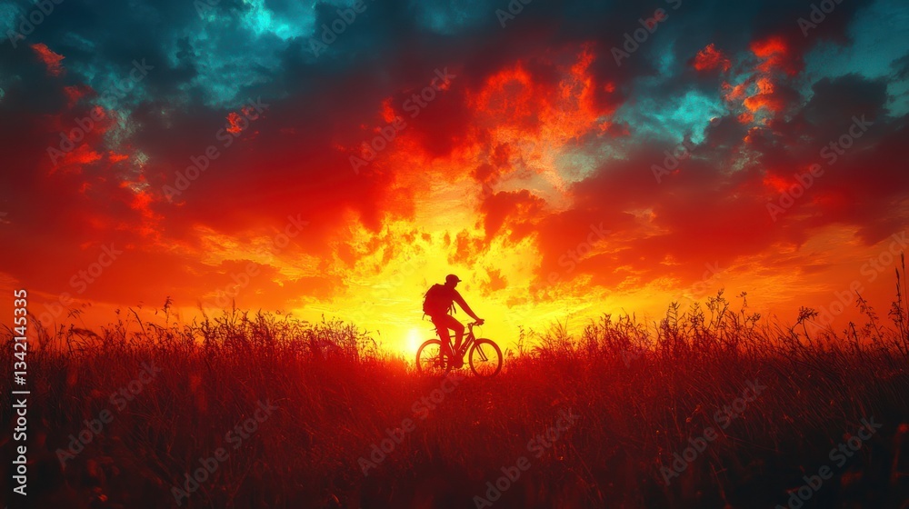 Fototapeta premium Sunset Silhouette Cyclist: Fiery Sky Adventure
