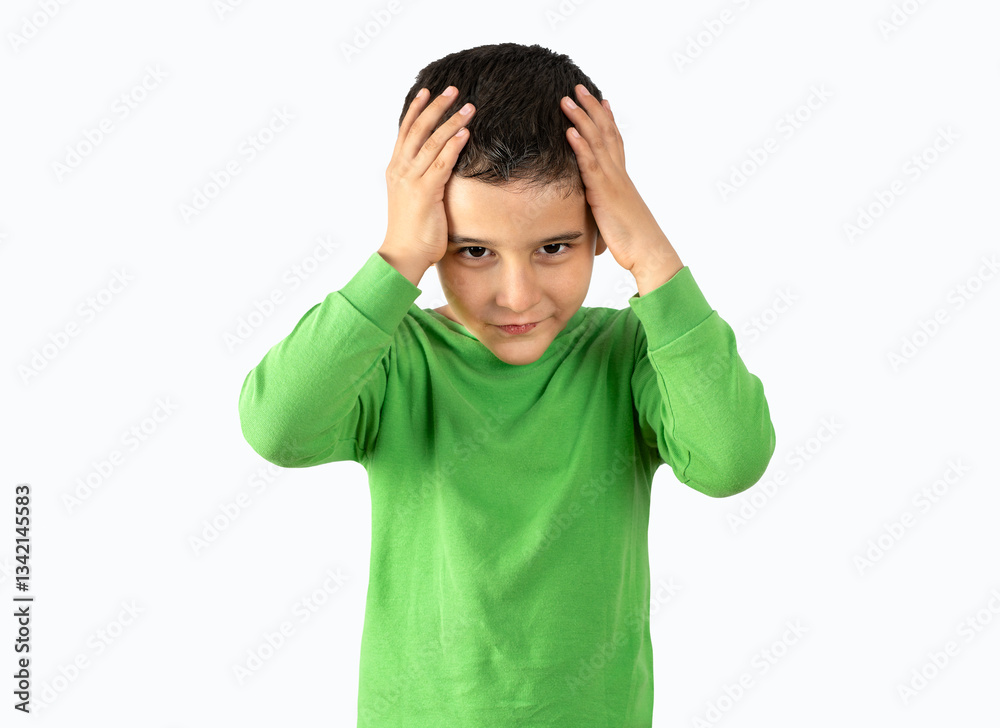 Little boy kid wearing casual clothes suffering from headache desperate and stressed because pain and migraine.Hands on head with white background. Little boy kid wearing casual clothes suffering from headache desperate and stressed because pain and migraine.Hands on head with white background.