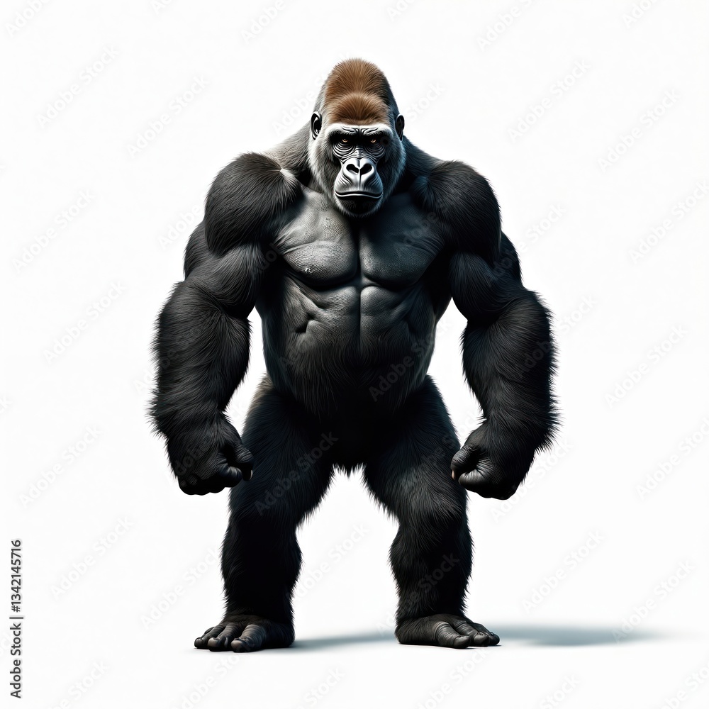 Fototapeta premium Powerful black gorilla isolated on white background. Muscular primate stands, stares seriously ahead. Wild animal illustration, mammal from Africa. Concept of raw power, strength. Design element for