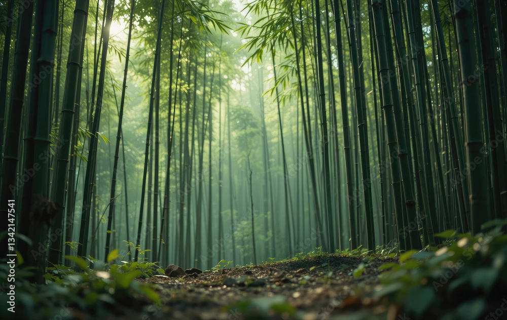Fototapeta premium Walking Through Enchanting Bamboo Forest with Fog and Sunlight Filtering Through