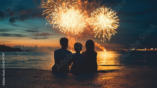 Family sitting on a beach at night enjoying New Yeara??s fireworks