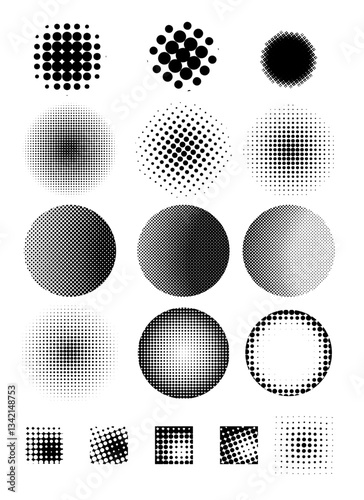 Halftone dot background set of round elements. hand drawing. Not AI, Vector illustration