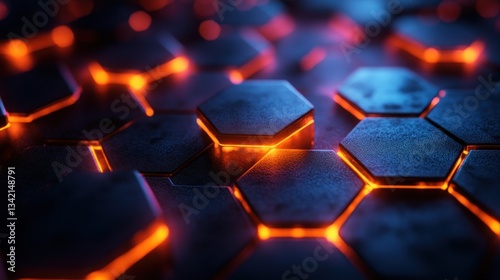 Abstract Hexagonal Grid with Glowing Orange and Blue Lights: A Futuristic Technological Design photo