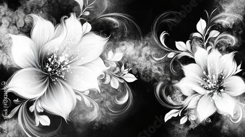 Elegant Black and White Floral Design with Swirls and Details