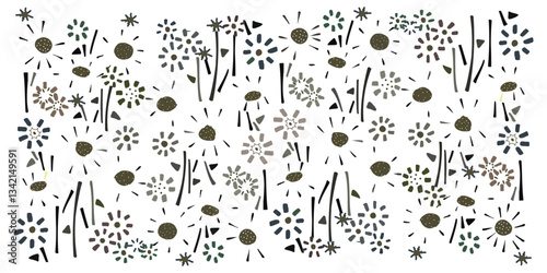 A colorful, abstract pattern of various stylized flowers, leaves, and geometric shapes against a white background,  it could be used as a wallpaper, fabric design, and curtains
