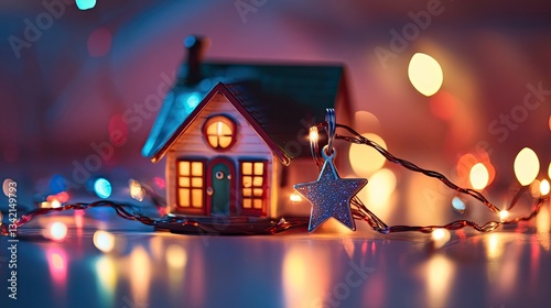 Festive house key with a cottage keychain, stars, and garland lights celebrating New Year 2025