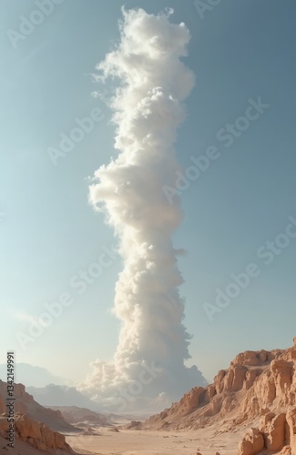 Pillar of cloud rises from desert. Column of vapor against blue sky, rocks. Natural phenomenon reminiscent of Biblical stories, Exodus. Dramatic landscape, spiritual concepts. Scenery evokes journey,