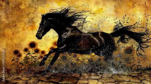 Running horse in a sunflower field, textured background, artistic style, for digital art