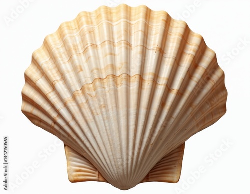 Isolated Pecten sea shell cut out with ridges. Marine mollusc on white background. Beige aquatic seashell. Perfect for summer vacation, nautical designs, ocean themed projects, biology book