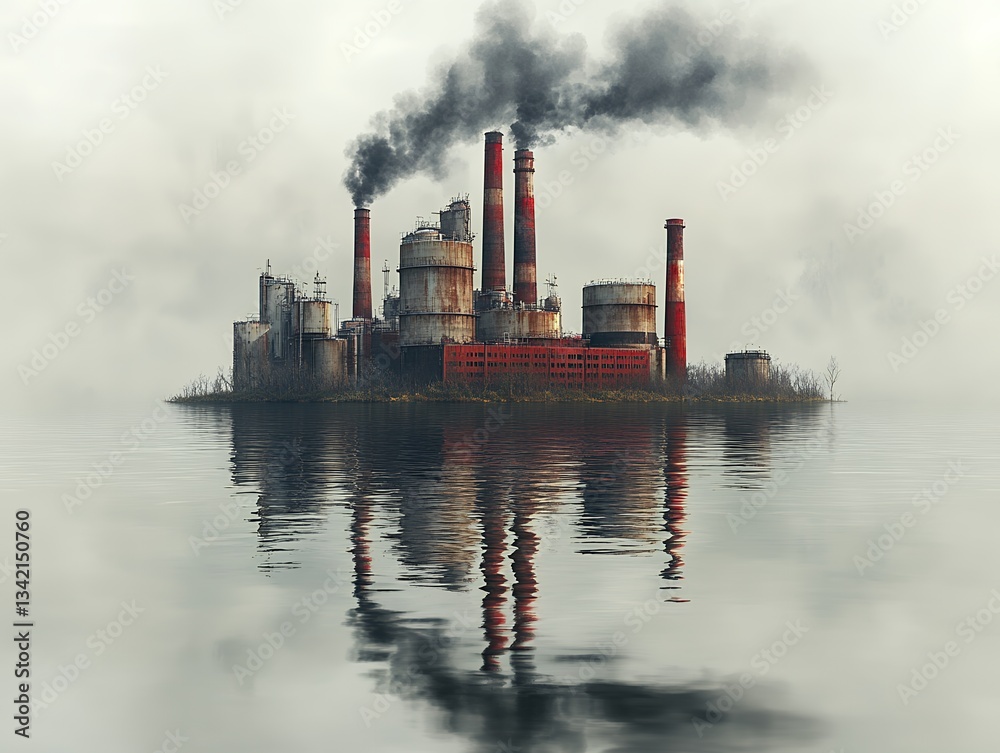 Industrial facility surrounded by misty waters Industrial facility surrounded by misty waters