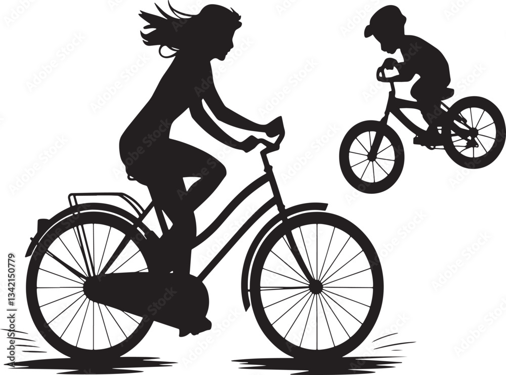 Obraz premium Silhouette Woman Riding Bicycle With Man Following