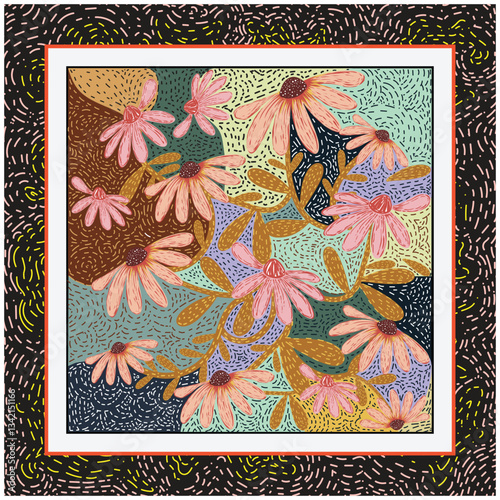 A colorful floral illustration featuring pink daisies and leafy patterns, framed by a bold, abstract border, It could be used as a wallpaper, fabric design, or other decorative elements