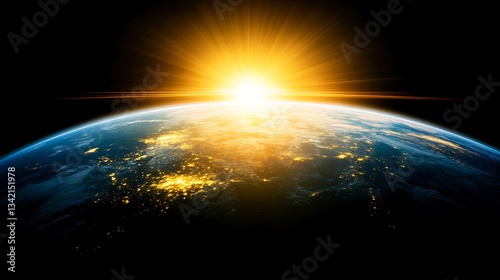 An illuminated sun rising over the surface of the earth