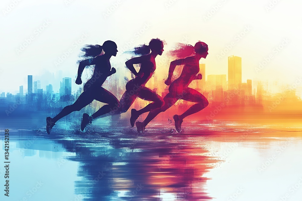 Obraz premium Silhouetted runners by city skyline sunset