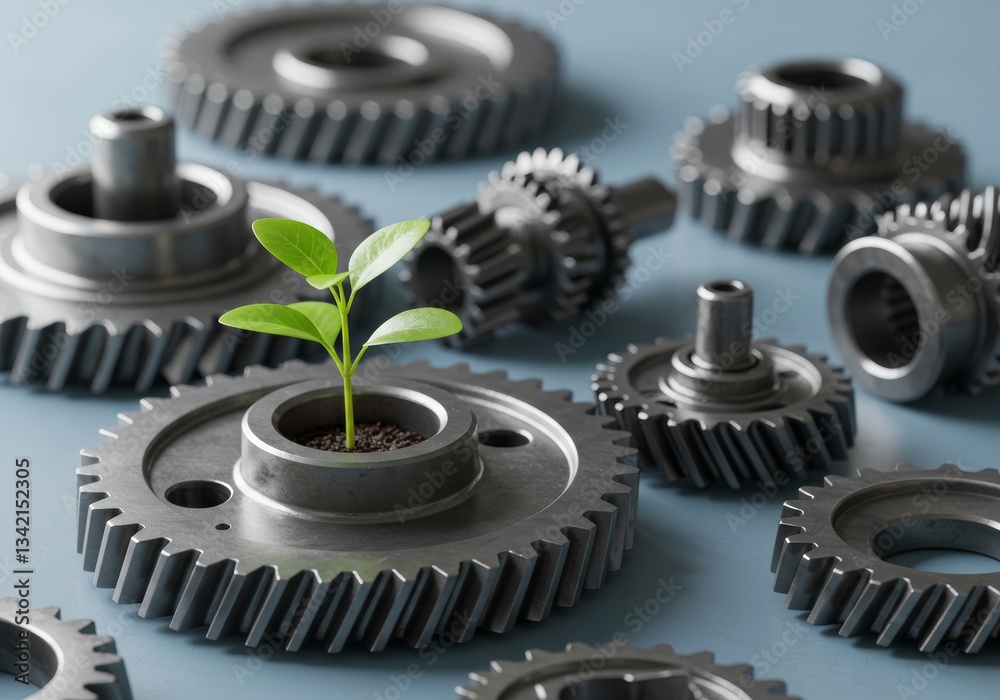 A fresh green sprout emerges from a metal gear, representing sustainable engineering and innovation. A fresh green sprout emerges from a metal gear, representing sustainable engineering and innovation.