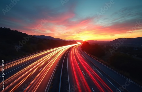 Long exposure shot of highway with vibrant light trails during sunset. Cars create motion effect, dynamic energy. Travel and transportation concept for urban roads, city traffic at dusk, evening.