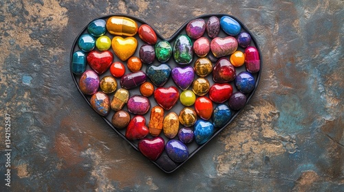 Heart-shaped arrangement of colorful capsules