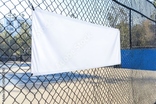 Blank white banner hanging on chain-link fence