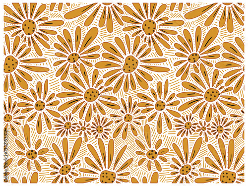 golden and brown petals in repeat print pattern featuring daisy with center, set against a light background with textured lines., it could be used as a wallpaper, fabric design, and curtains