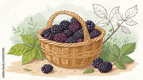 Blackberry in basket in natural background Illustration design, Blackberry vector design