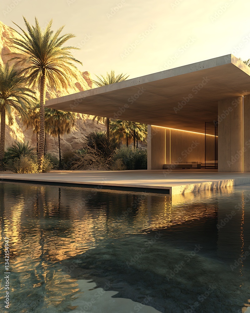 Fototapeta premium Desert Oasis with Modern Architectural Pavilion, Tranquil and Scenic