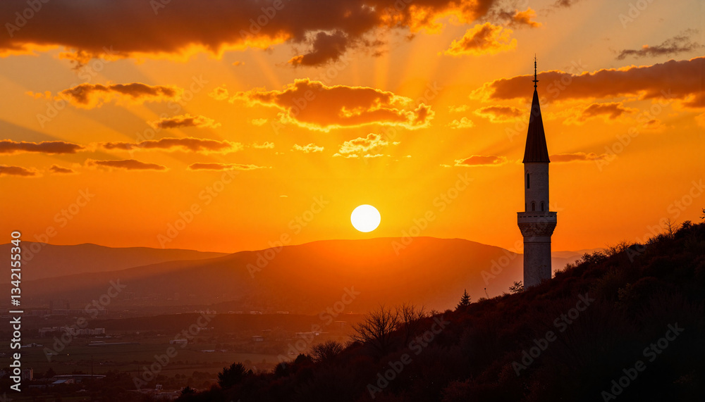 Obraz premium Sunset over minaret with dramatic sky and mountains