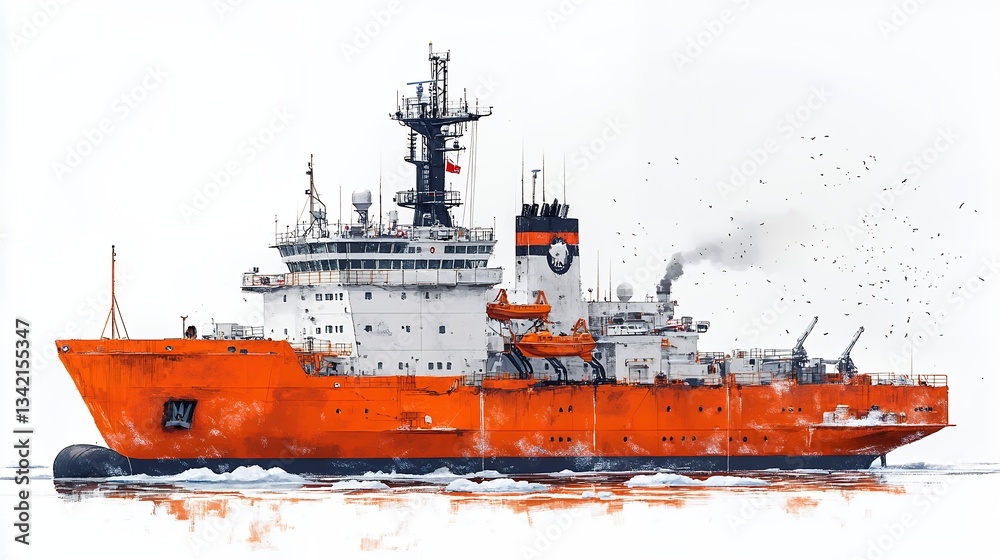 Fototapeta premium Orange icebreaker in icy waters
