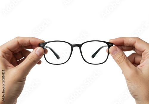 Hands delicately display a pair of black-rimmed eyeglasses against a stark white backdrop, ideal for vision concepts.