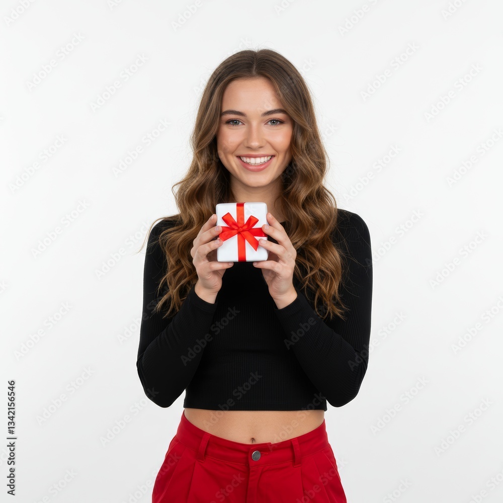 Fototapeta premium A young woman joyfully presents a small, wrapped gift, her smile lighting up the bright, white space.