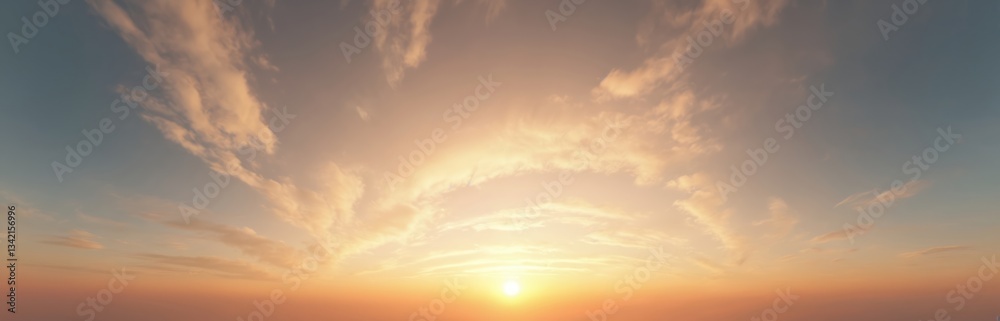 Obraz premium Vibrant sunset sky panorama with cirrus clouds. Seamless spherical equirectangular 360 degree panorama. Zenith view for 3D visualization, game sky replacement for aerial drone 360 panoramas, film