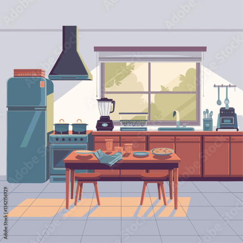Bright and airy kitchen interior featuring modern appliances, a wooden dining table, and warm sunlight streaming through the window.